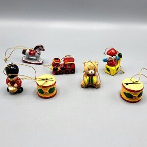 Vtg Enesco Hand Painted Christmas Ornaments Set Of 7 Teddy Bear Rocking Horse